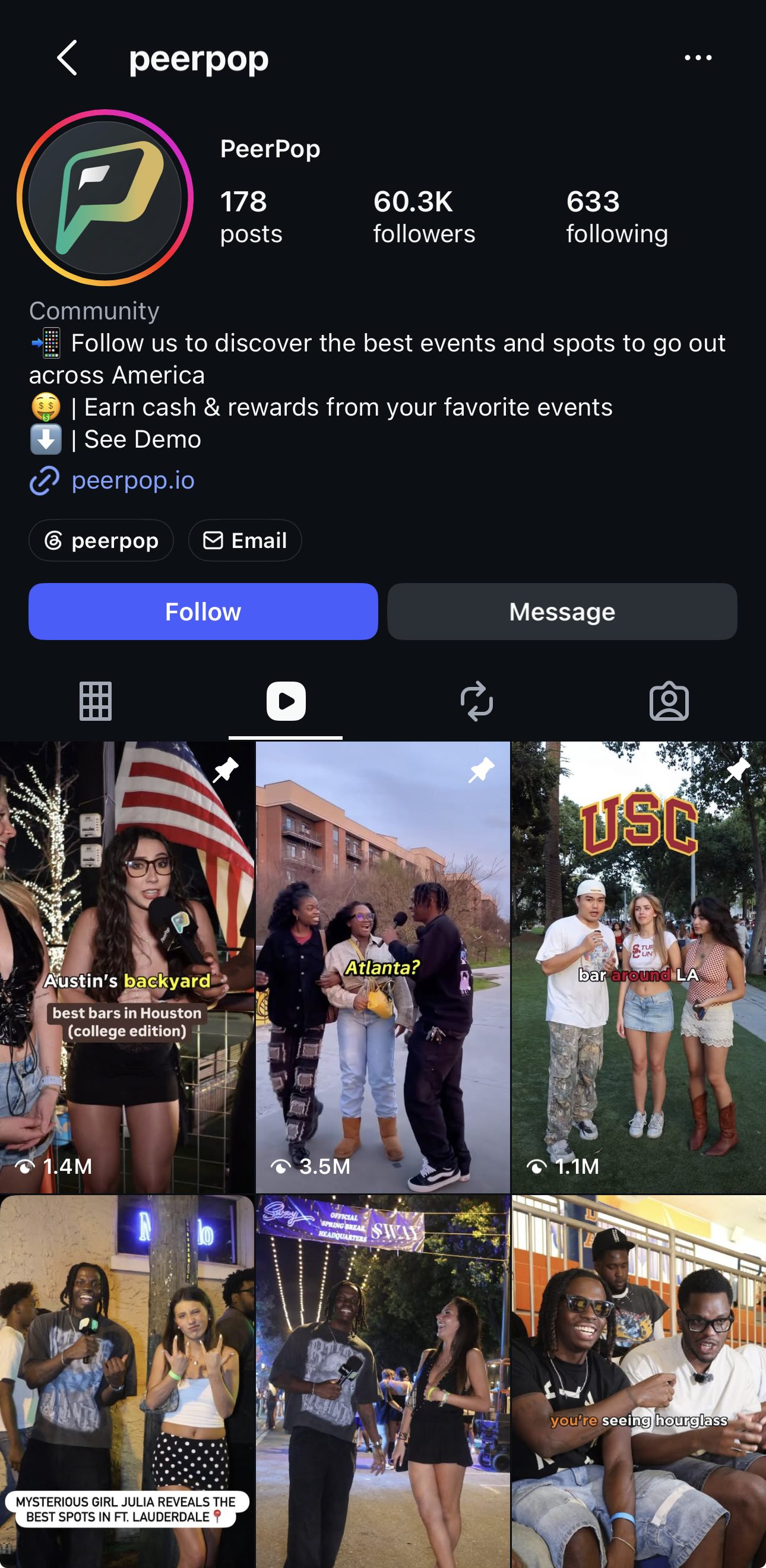 PeerPop Party event promotion — social media campaign graphic with Instagram, TikTok, and Snapchat
